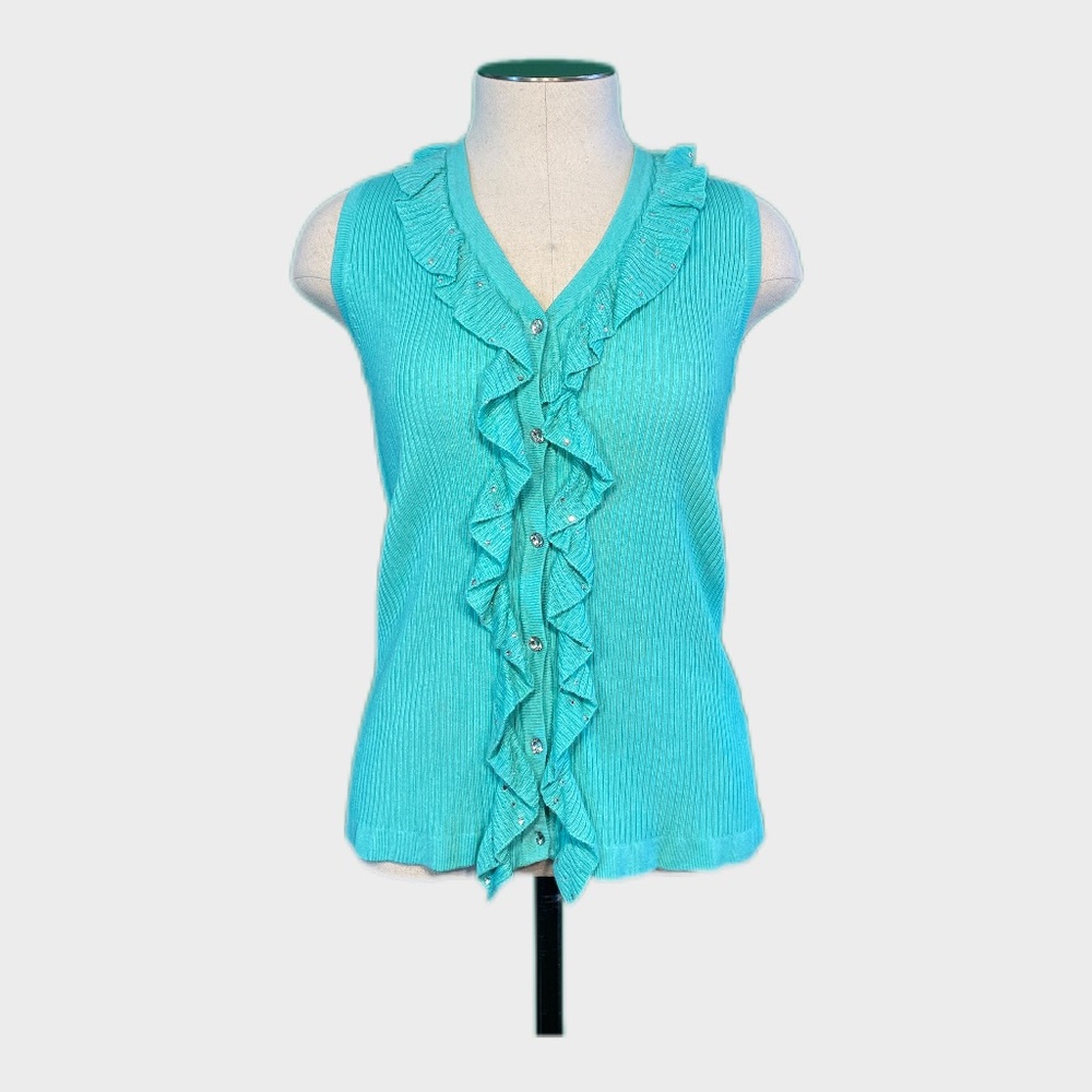 Belldini Luxe Turquoise Ruffle Rhinestone Vest Cardigan Figure Flattering Large✨ - Picture 1 of 9